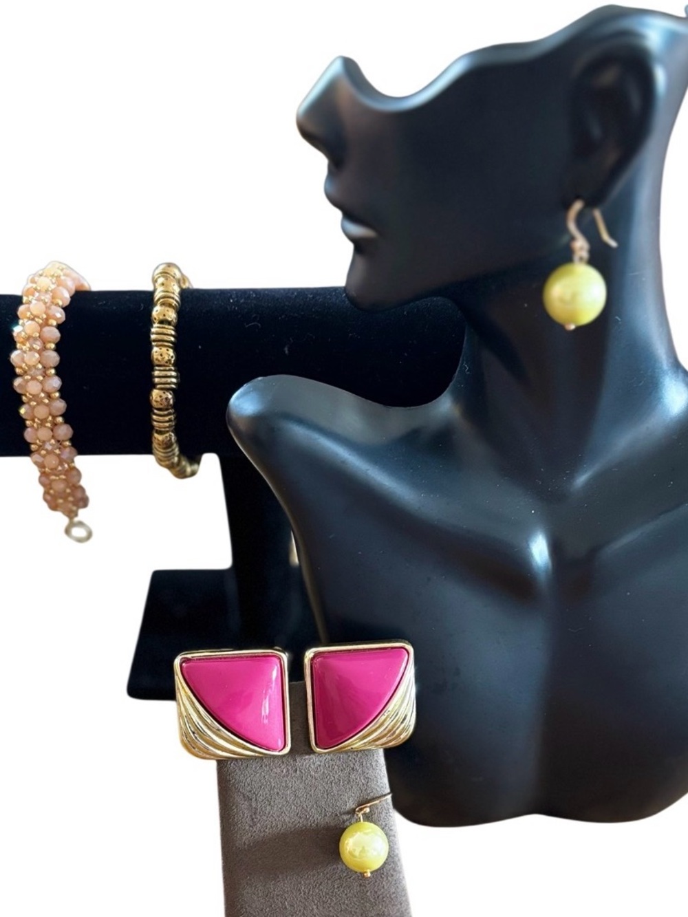 Vintage Costume Jewelry Lot: 80s Pink Clip-Ons, Pearl Drops, Beaded Bracelets